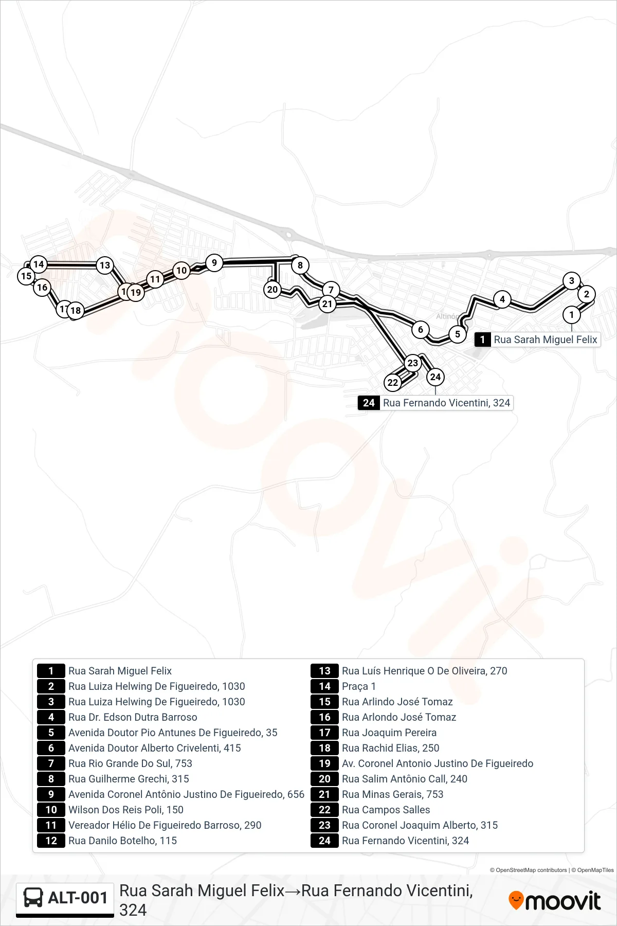 ALT-001 bus Line (Rua Sarah Miguel Felix‎→Rua Fernando Vicentini, 324) route and stops on a map