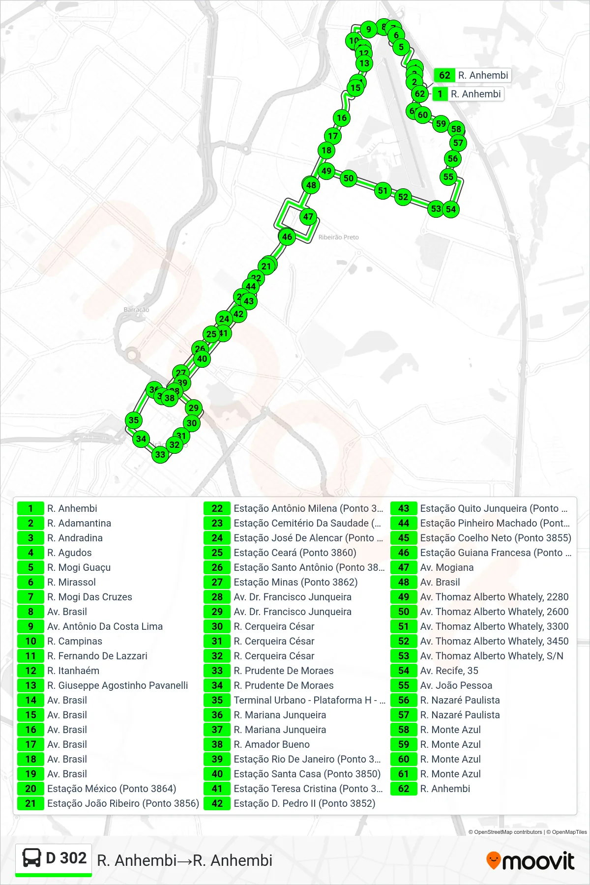 D 302 bus Line (R. Anhembi→R. Anhembi) route and stops on a map