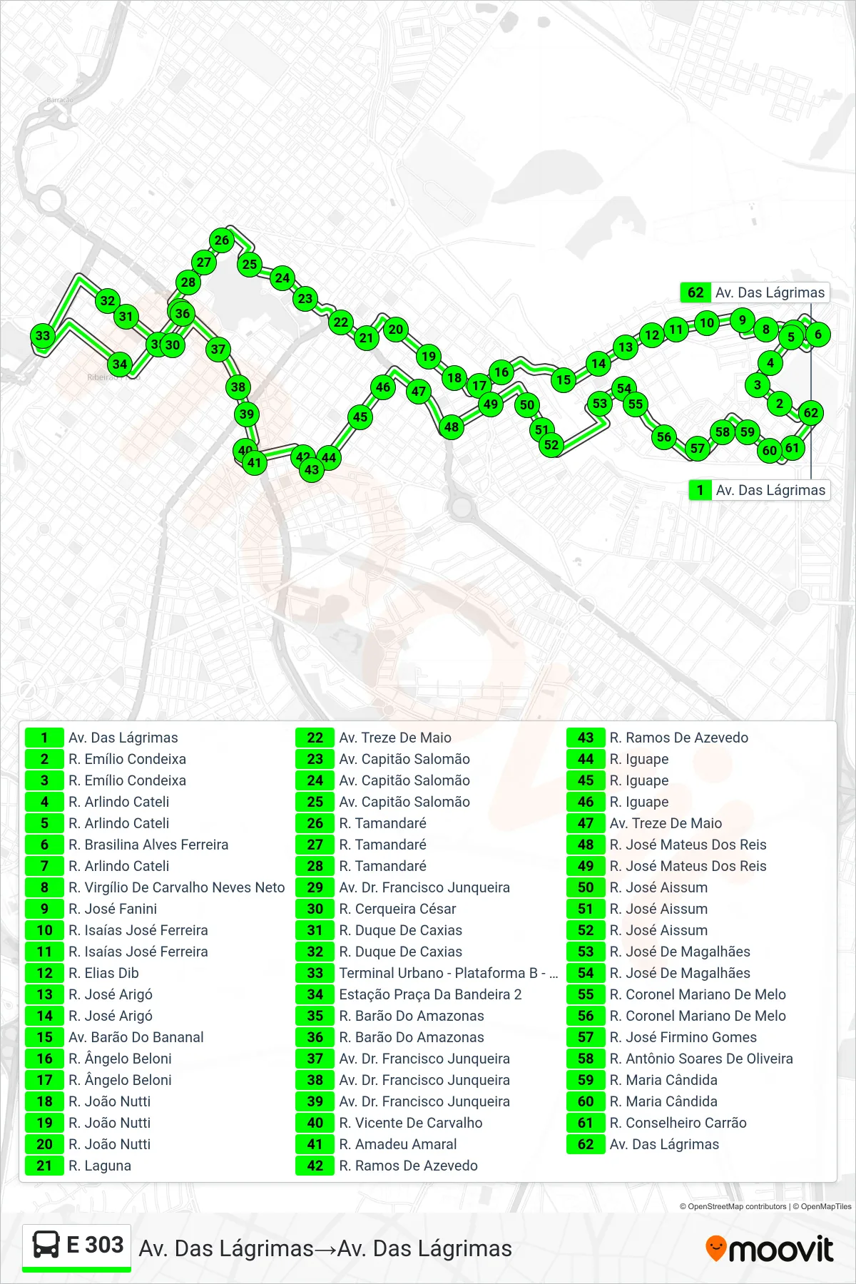 Rota e paradas da linha de ônibus  E 303  (Av. Das Lágrimas‎→Av. Das Lágrimas) no mapa