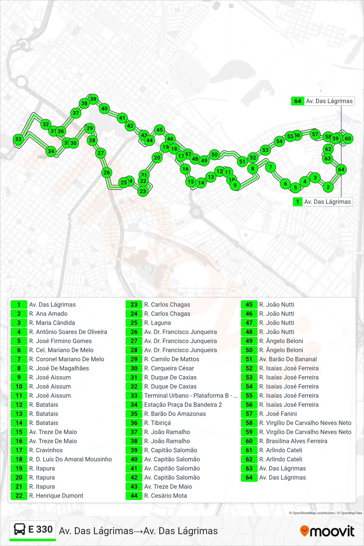 Rota e paradas da linha de ônibus E 330 (Av. Das Lágrimas→Av. Das Lágrimas) no mapa