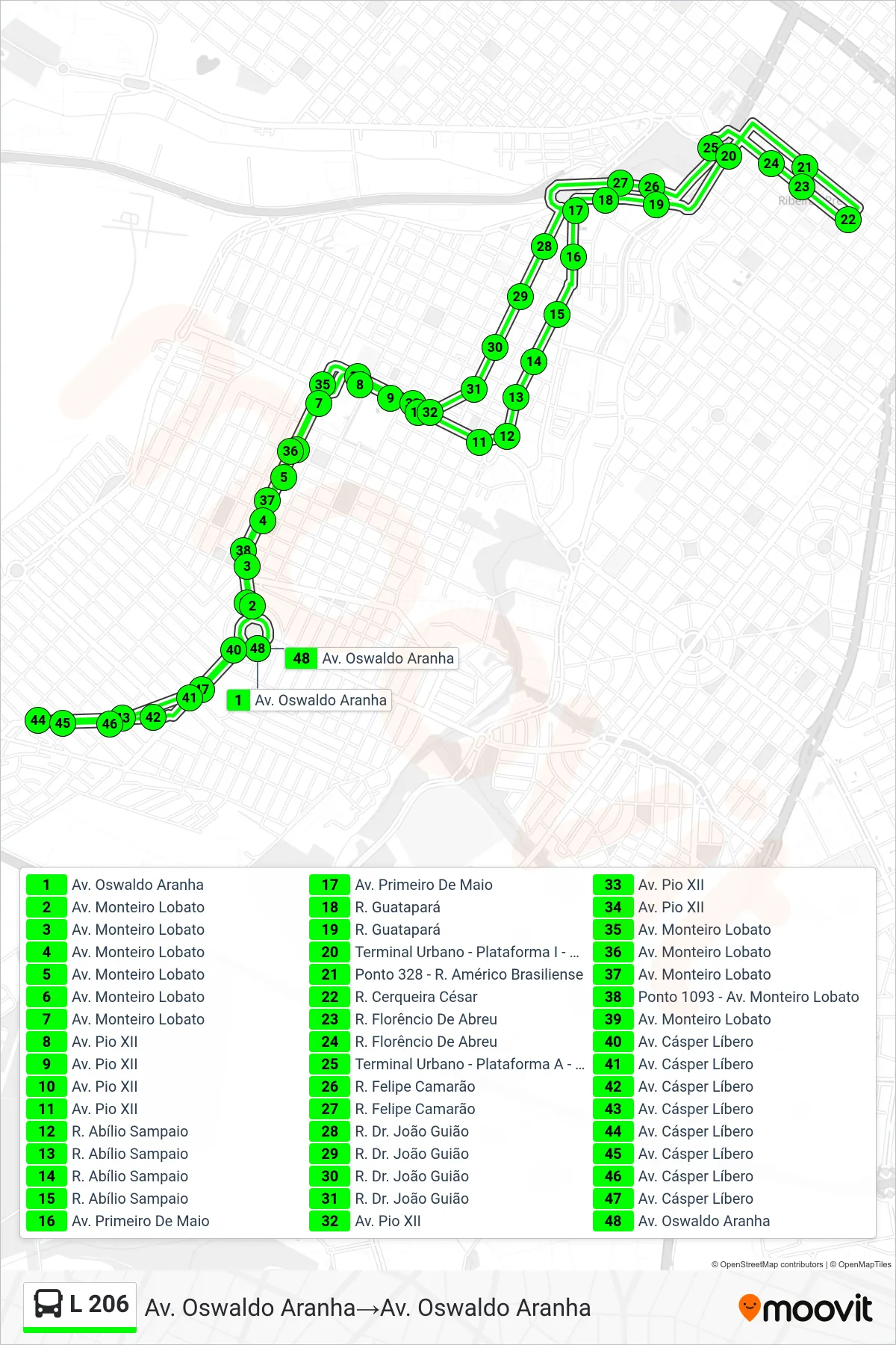 L 206 bus Line (Av. Oswaldo Aranha→Av. Oswaldo Aranha) route and stops on a map