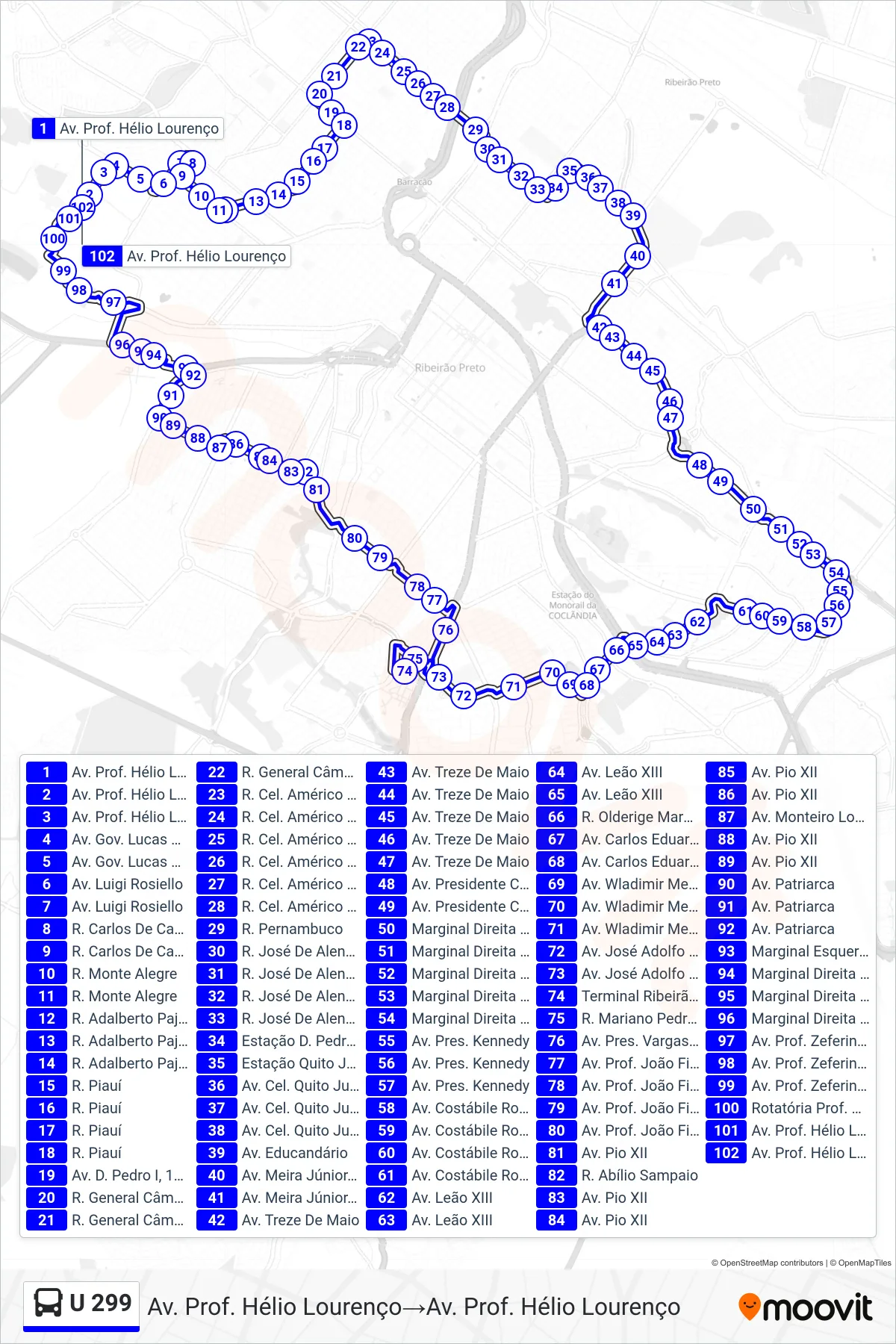 U 299 bus Line (Av. Prof. Hélio Lourenço→Av. Prof. Hélio Lourenço) route and stops on a map