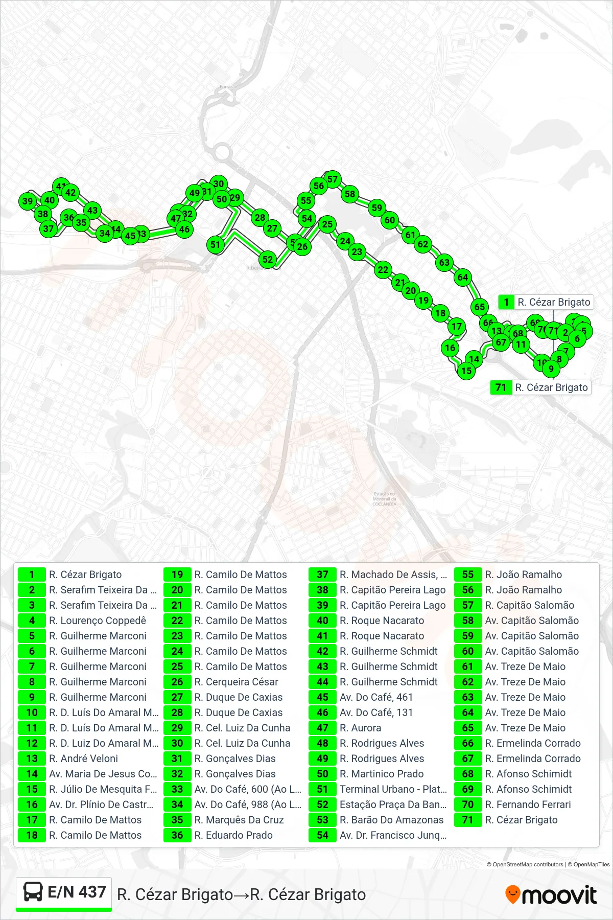 Rota e paradas da linha de ônibus  E/N 437  (R. Cézar Brigato‎→R. Cézar Brigato) no mapa