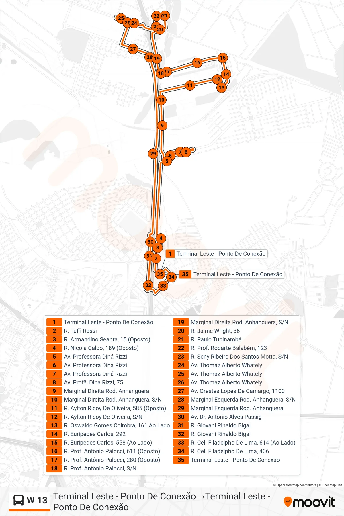 W 13 bus Line (Terminal Leste - Ponto De Conexão→Terminal Leste - Ponto De Conexão) route and stops on a map