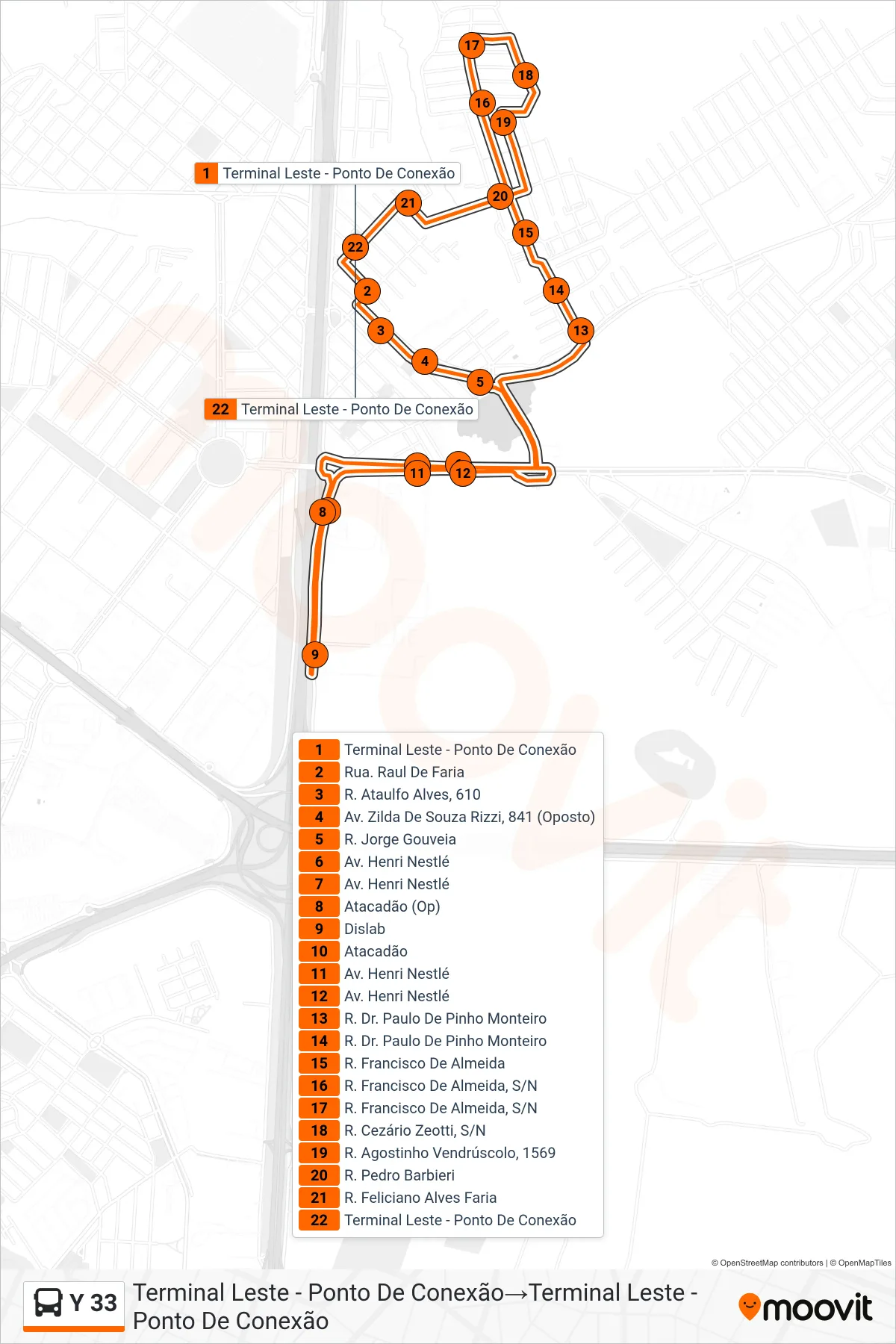 Y 33 bus Line (Terminal Leste - Ponto De Conexão→Terminal Leste - Ponto De Conexão) route and stops on a map