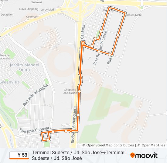 Mapa da linha Y 53 de ônibus