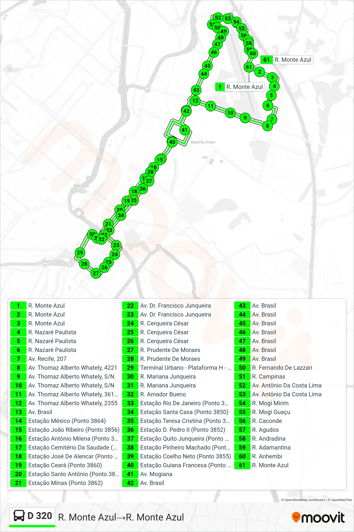 Rota e paradas da linha de ônibus  D 320  (R. Monte Azul‎→R. Monte Azul) no mapa