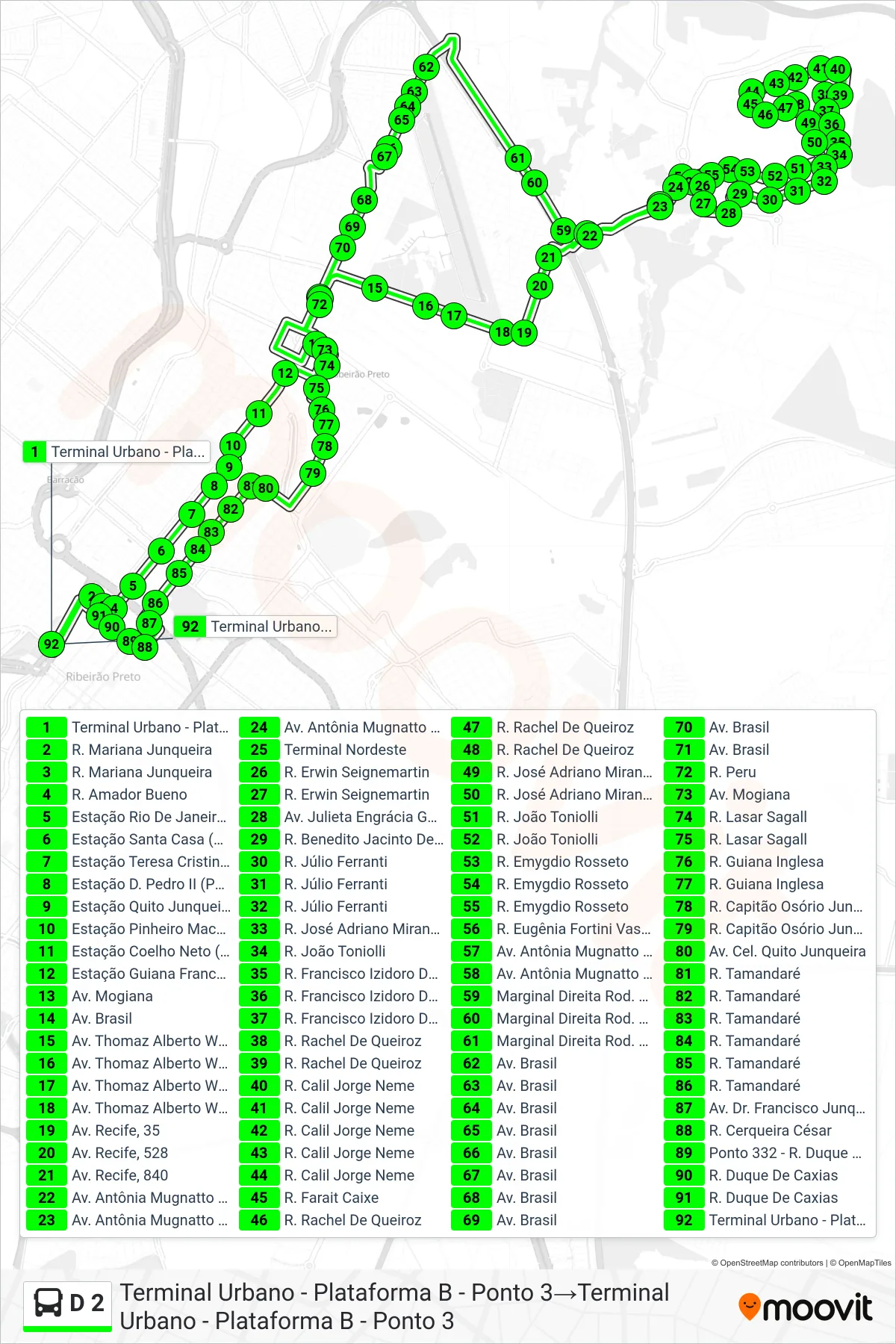 Rota e paradas da linha de ônibus  D 2  (Terminal Urbano - Plataforma B - Ponto 3‎→Terminal Urbano - Plataforma B - Ponto 3) no mapa