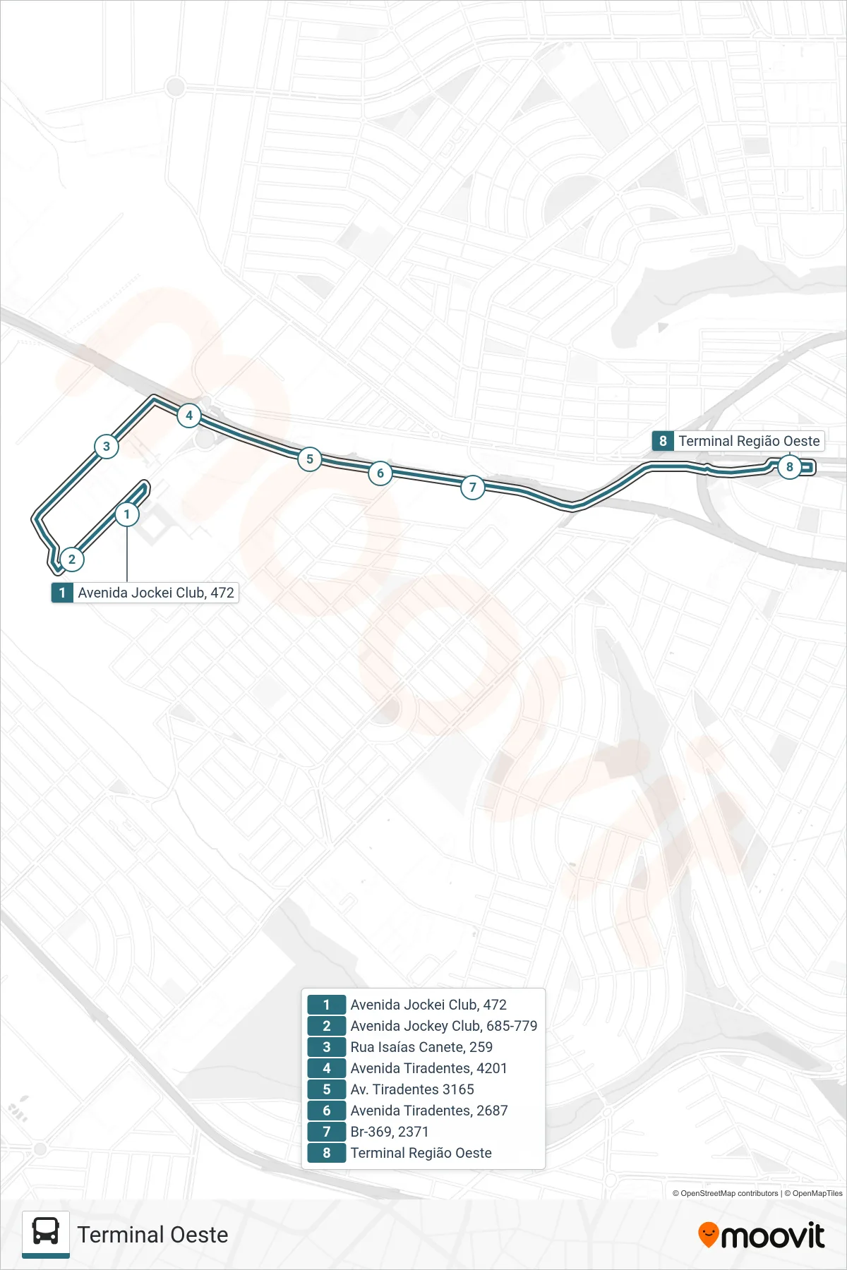Mapa da rota - 319 PUC-PR - Terminal Oeste - Paradas