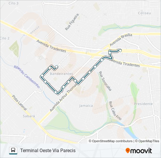 Mapa da linha 308 JARDIM BANDEIRANTES de ônibus