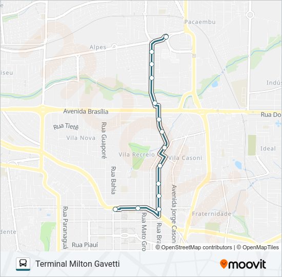 Mapa da linha 504 TERMINAL MILTON GAVETTI / TERMINAL CENTRAL  - PARADOR de ônibus