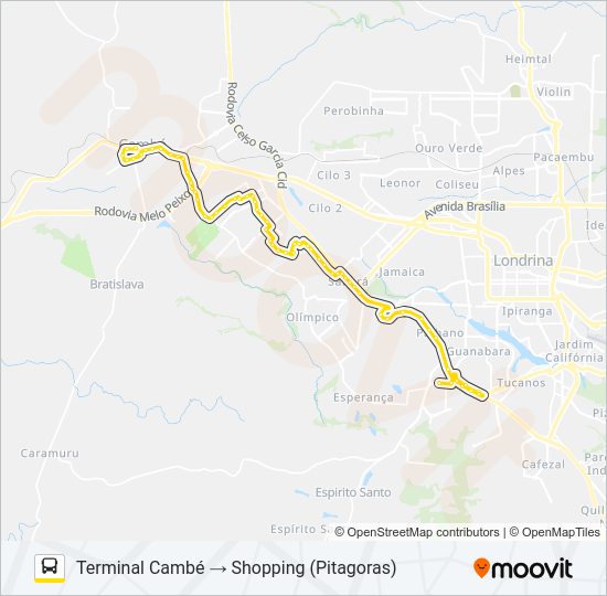 Mapa da linha 1907 CAMBÉ / SHOPPING CATUAÍ (VIA SÃO PAULO) de ônibus