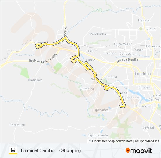 Mapa da linha 1907 CAMBÉ / SHOPPING CATUAÍ (VIA ANA ROSA) de ônibus
