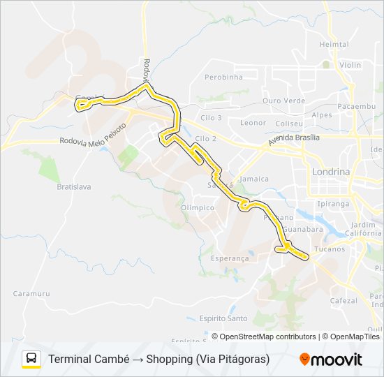 Mapa da linha 1907 CAMBÉ / SHOPPING CATUAÍ (VIA ANA ROSA) de ônibus