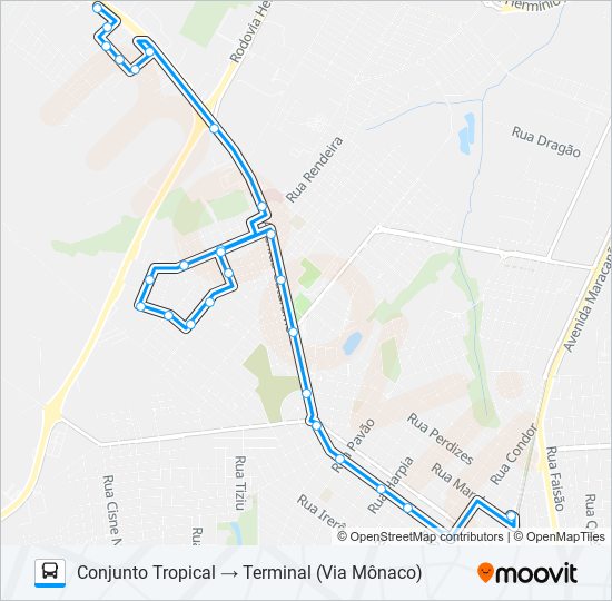 Mapa da linha 010 TROPICAL (VIA MÔNACO) de ônibus