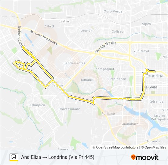 Mapa da linha 1905 LONDRINA / JARDIM ANA ELIZA de ônibus