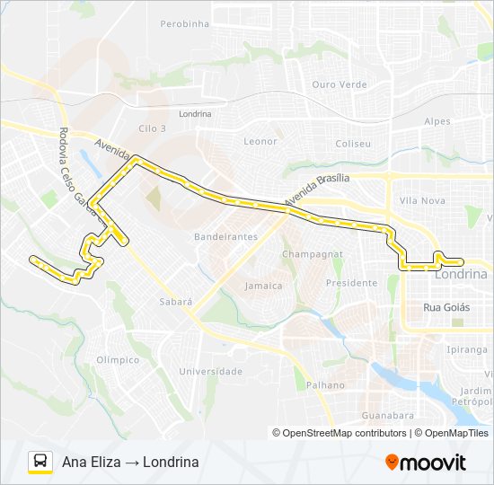 Mapa da linha 1908 LONDRINA / ANA ELIZA (VIA CACIQUE) de ônibus