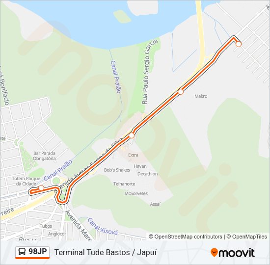 Mapa da linha 98JP de ônibus