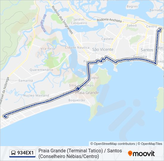 Mapa da linha 934EX1 de ônibus