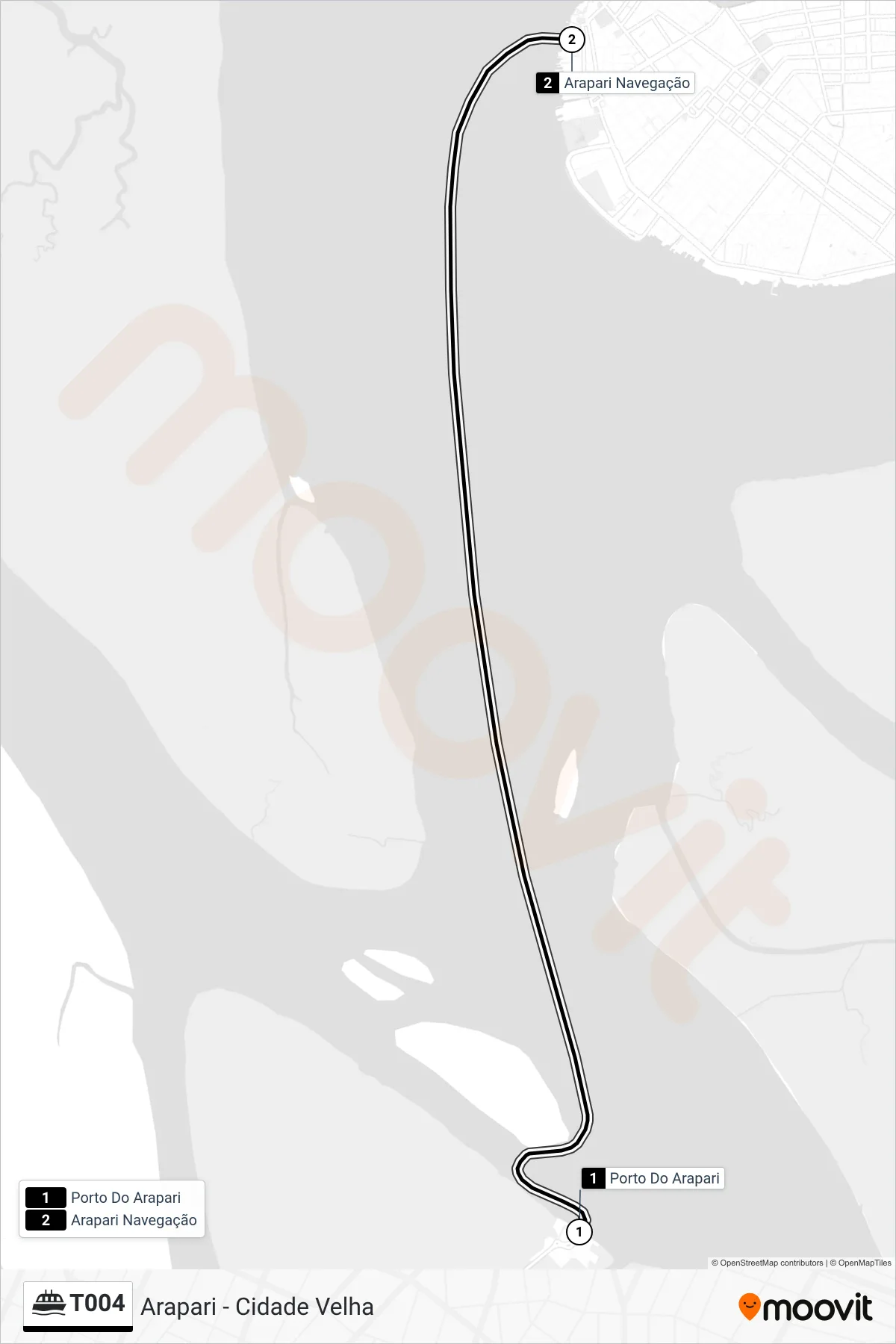 T004 ferry Line (Arapari - Cidade Velha) route and stops on a map