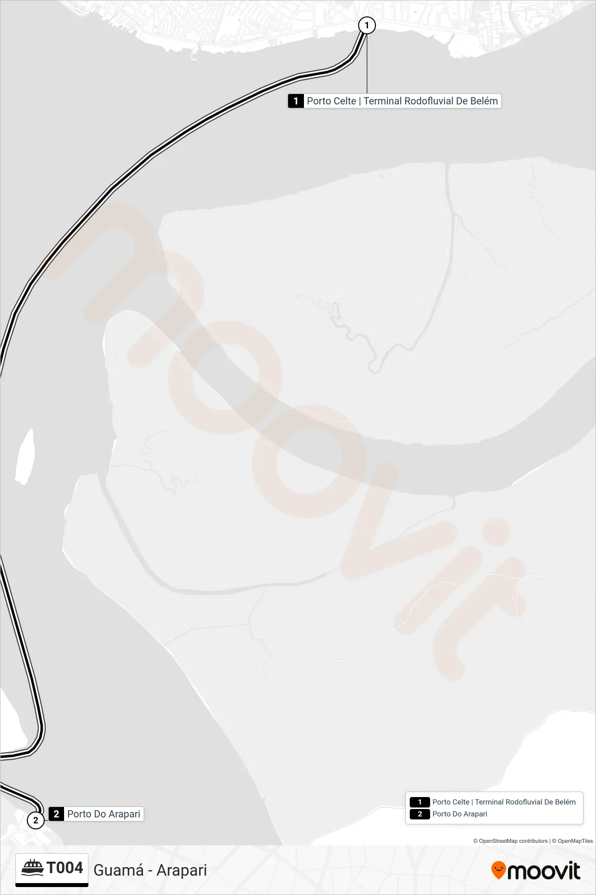 T004 ferry Line (Guamá - Arapari) route and stops on a map