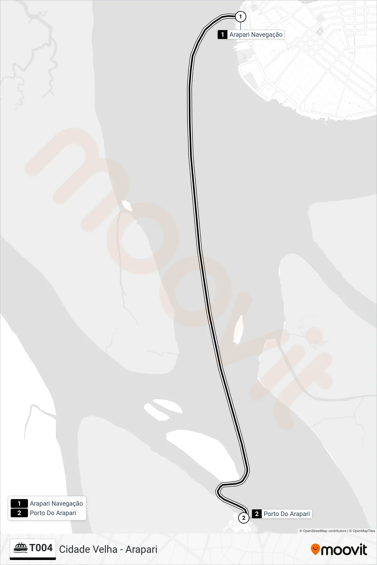 T004 ferry Line (Cidade Velha - Arapari) route and stops on a map