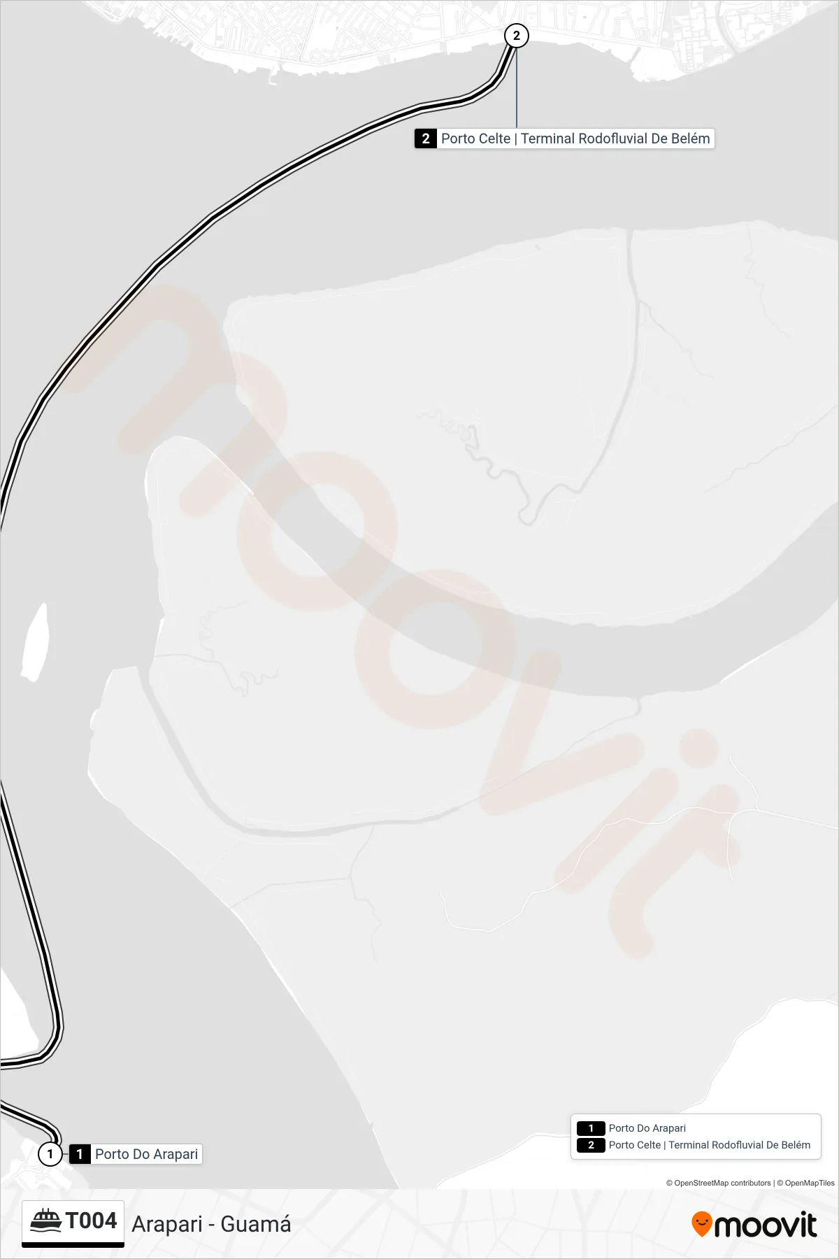 T004 ferry Line (Arapari - Guamá) route and stops on a map