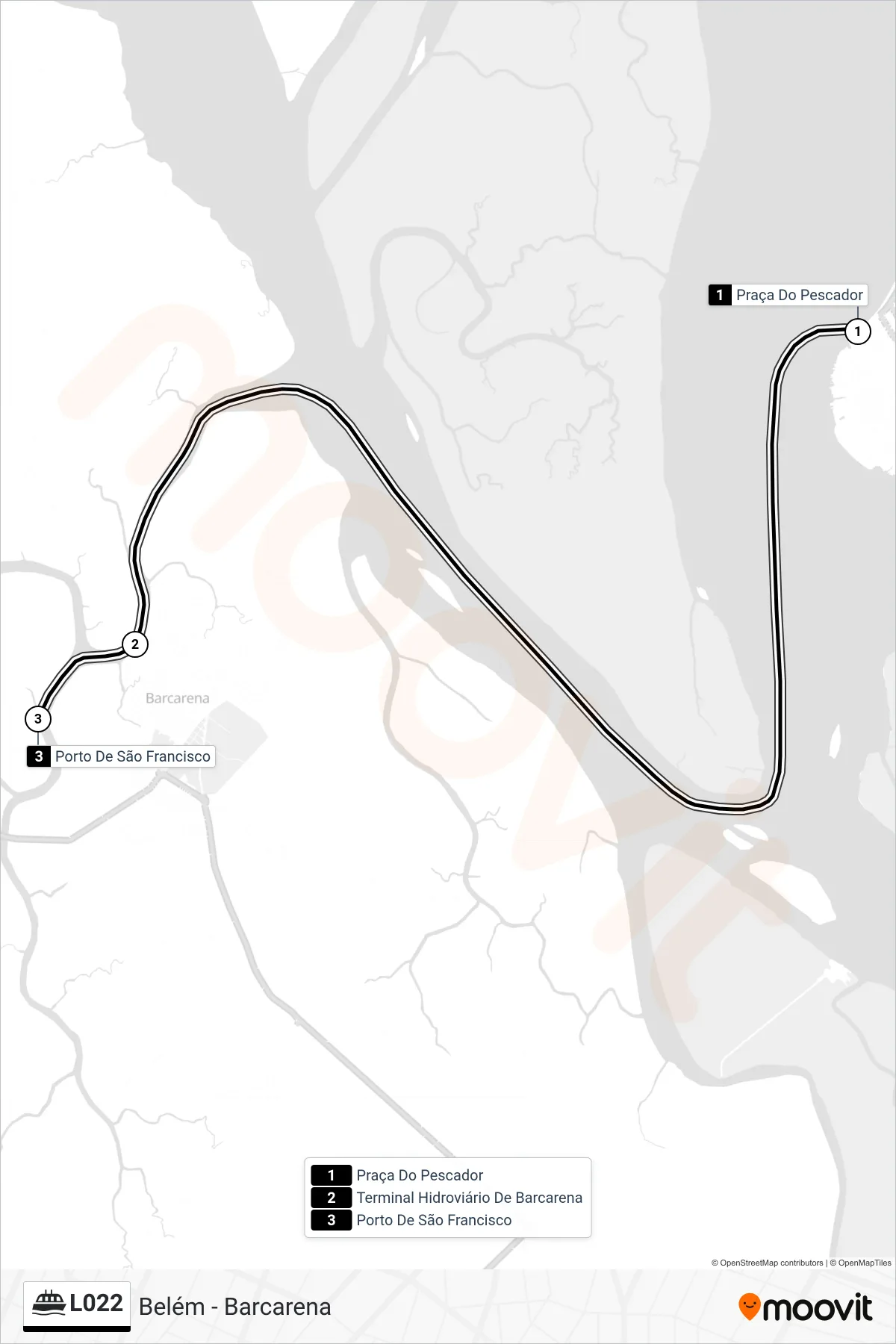 L022 ferry Line (Belém - Barcarena) route and stops on a map