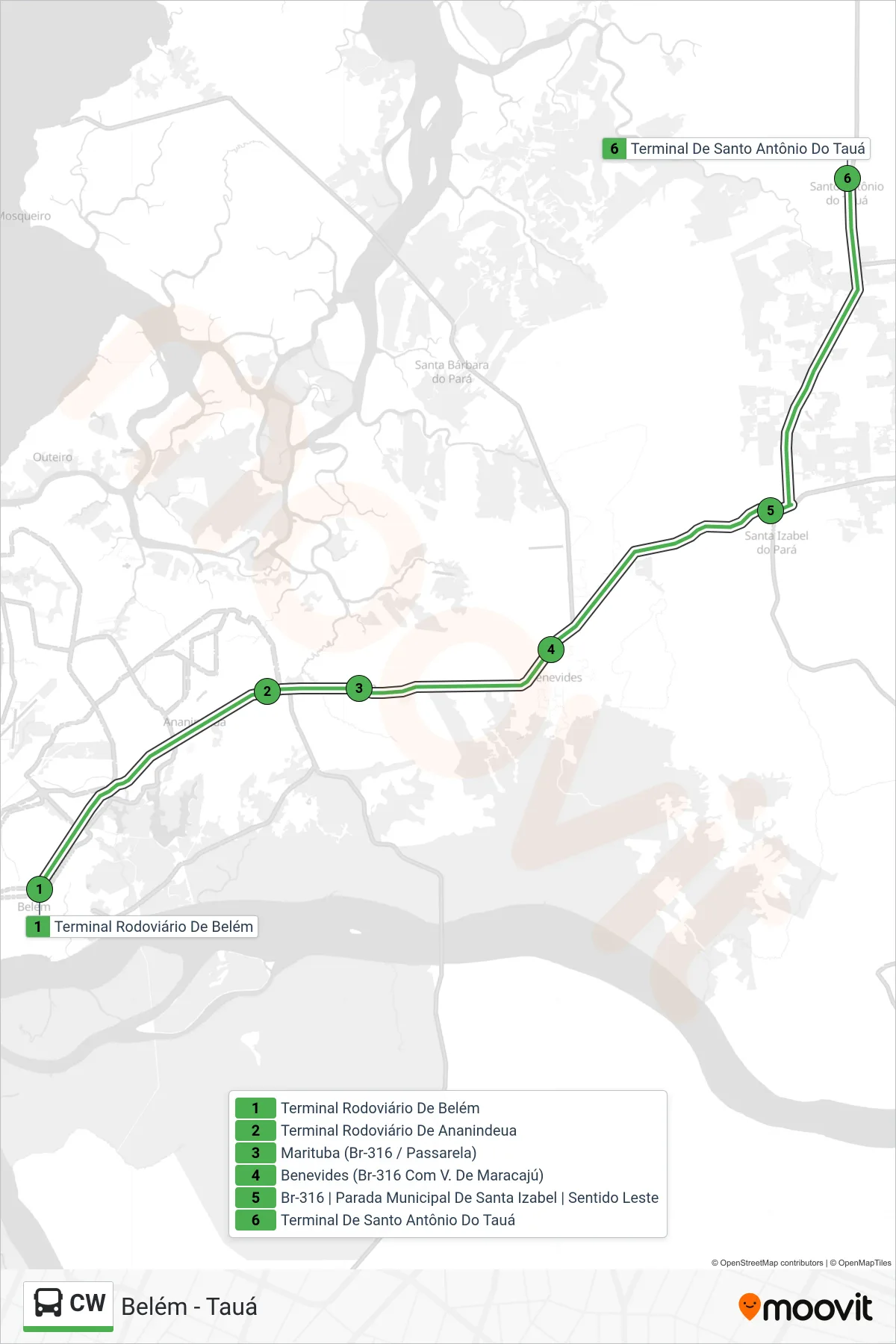 Rota e paradas da linha de ônibus CW (Belém - Tauá) no mapa