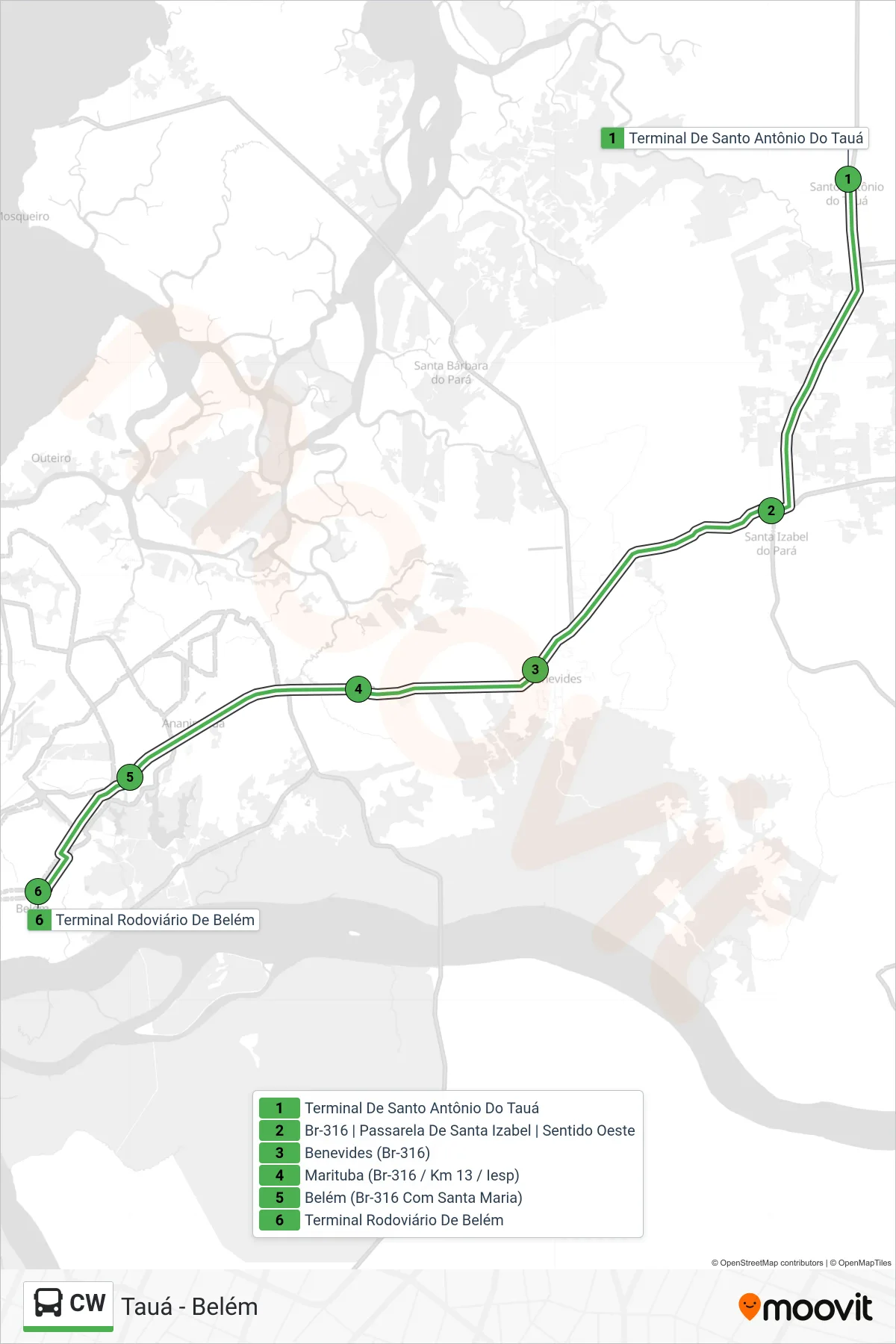 Rota e paradas da linha de ônibus  CW  (Tauá - Belém) no mapa