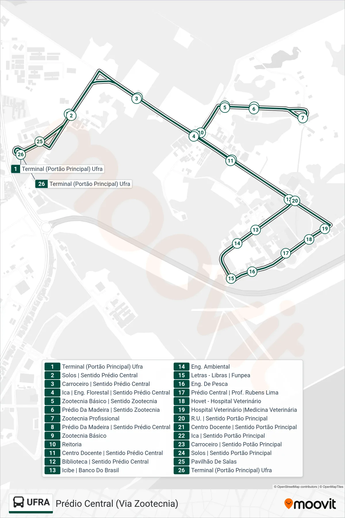 UFRA bus Line (Prédio Central (Via Zootecnia)) route and stops on a map