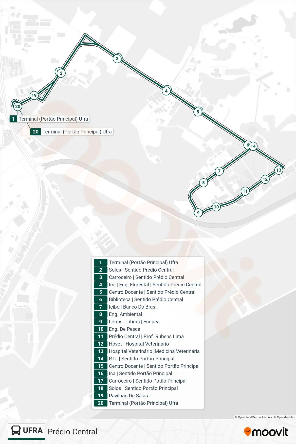 UFRA bus Line (Prédio Central) route and stops on a map