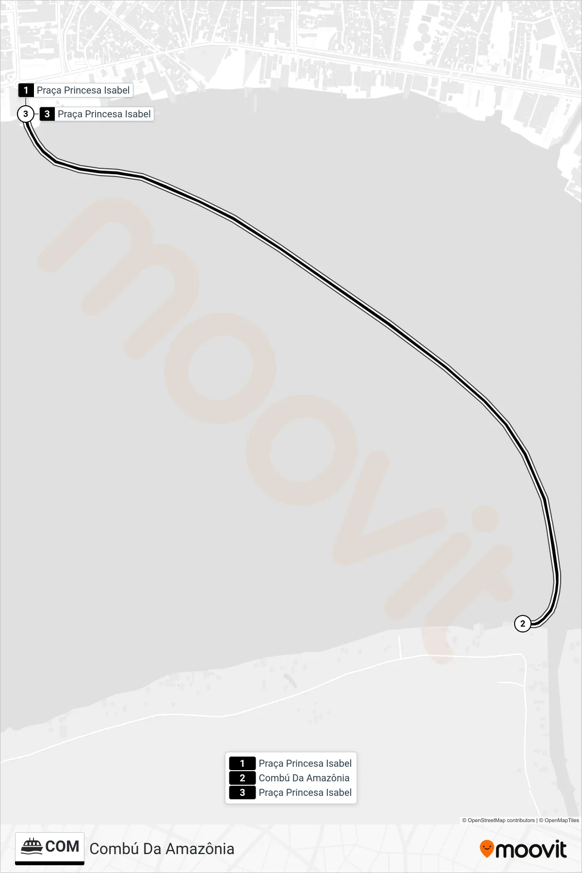 Rota e paradas da linha de barca COM (Combú Da Amazônia) no mapa