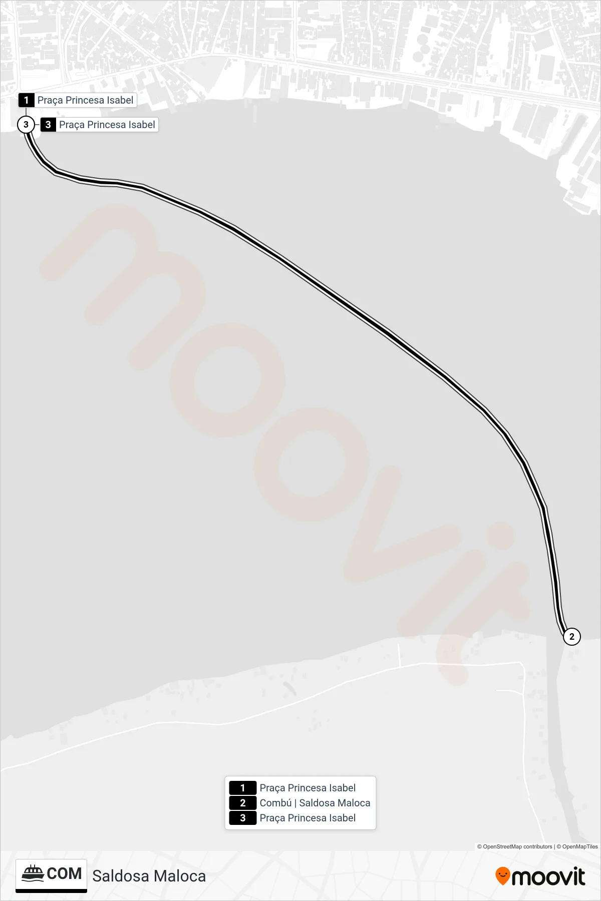 Rota e paradas da linha de barca  COM  (Saldosa Maloca) no mapa