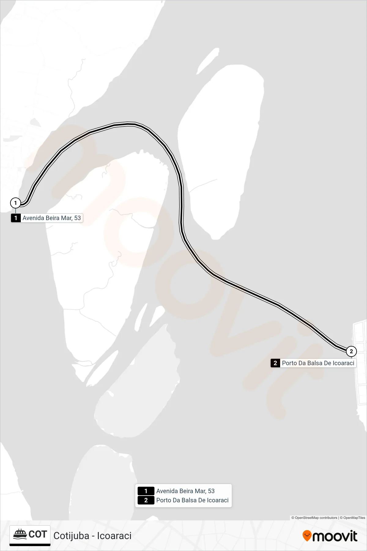 Rota e paradas da linha de barca COT (Cotijuba - Icoaraci) no mapa