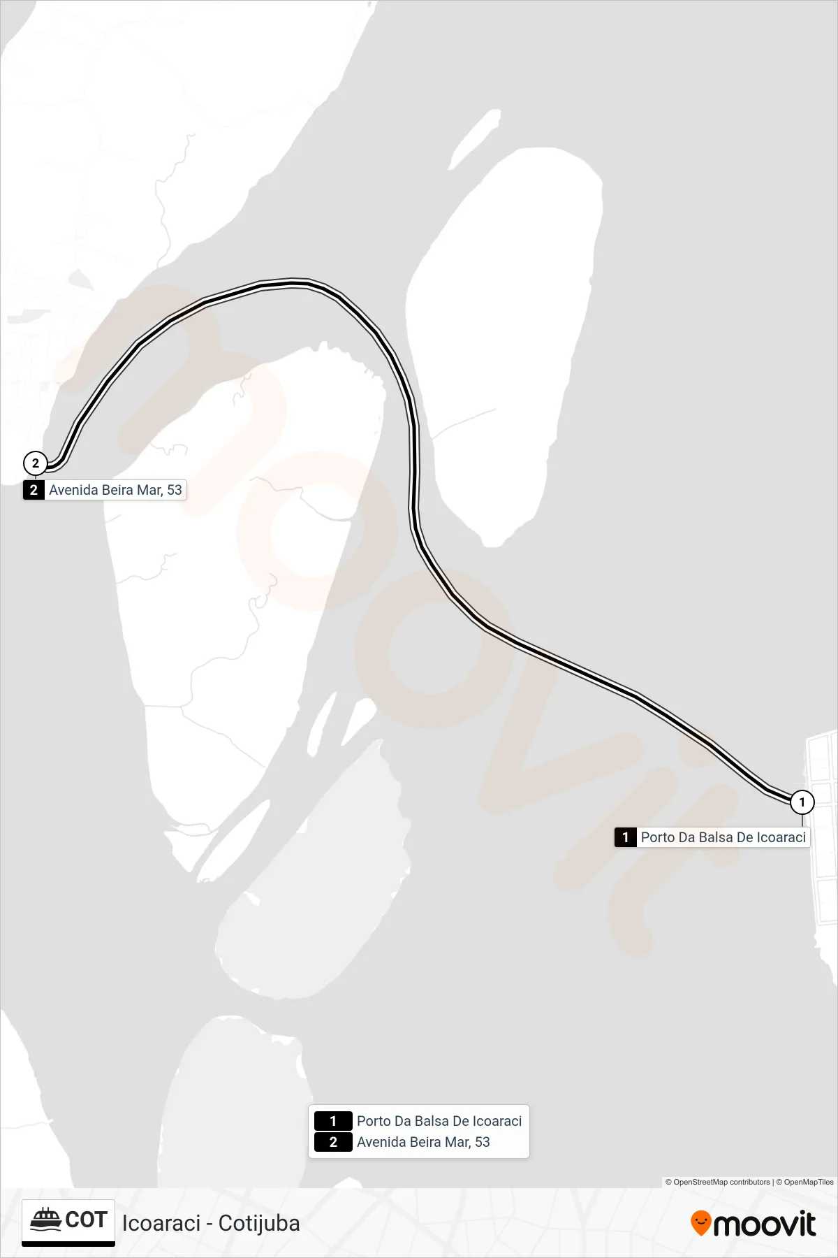 Rota e paradas da linha de barca COT (Icoaraci - Cotijuba) no mapa