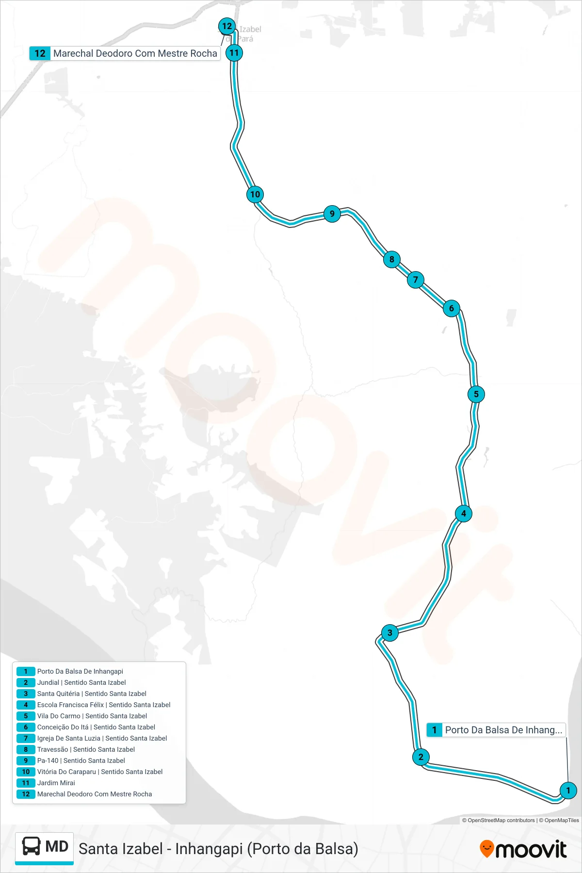 MD bus Line (Porto Da Balsa - Santa Izabel) route and stops on a map