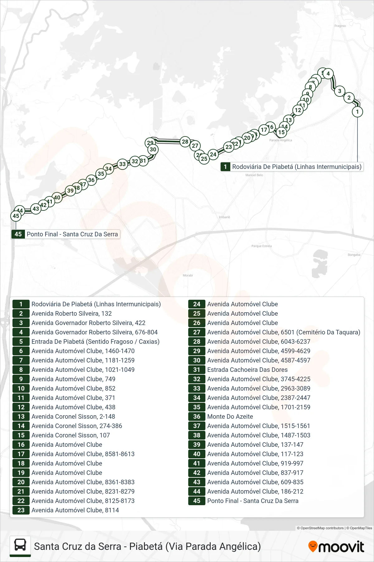 Rota e paradas da linha de ônibus 022 (Santa Cruz Da Serra) no mapa