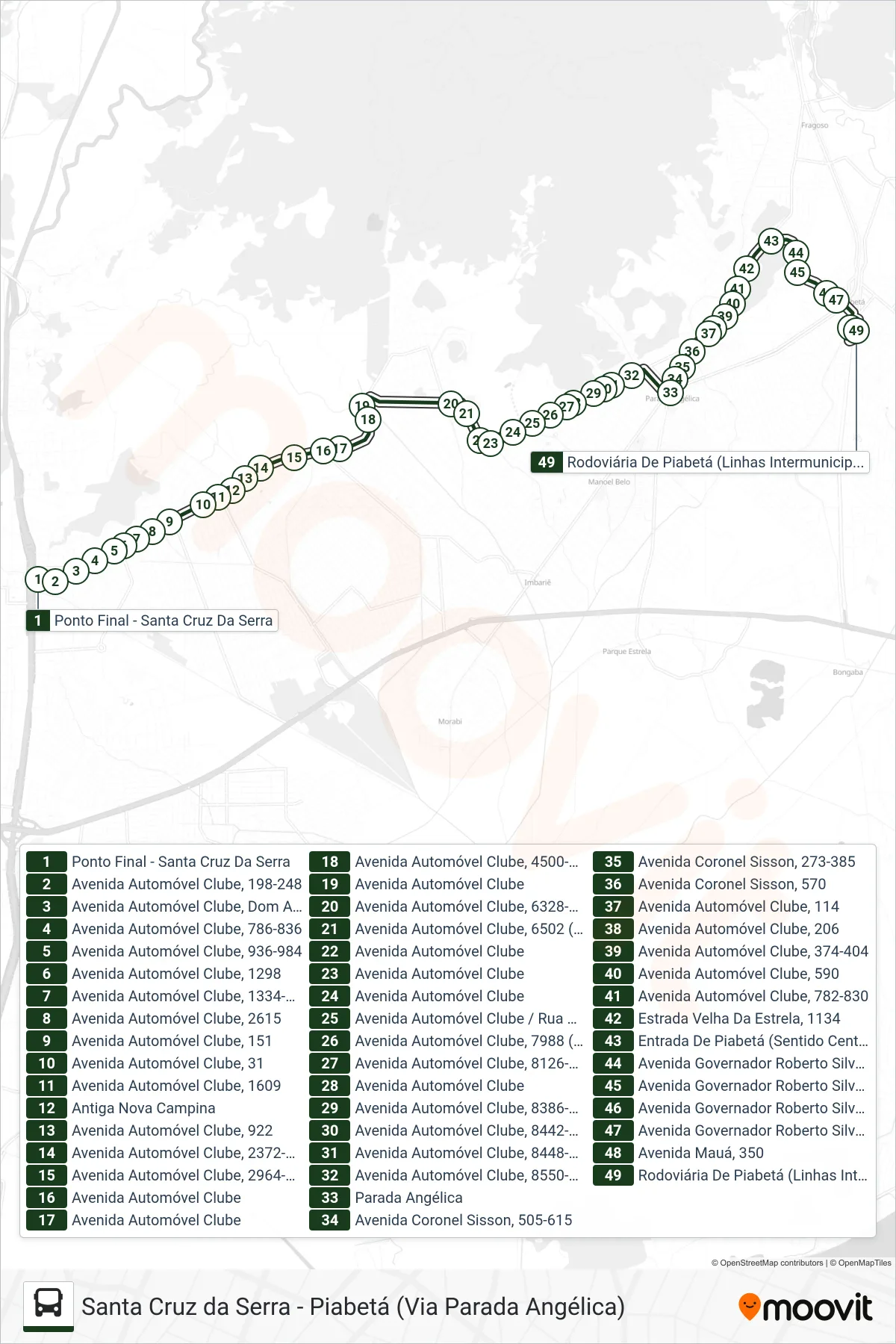 Rota e paradas da linha de ônibus 022 (Piabetá) no mapa