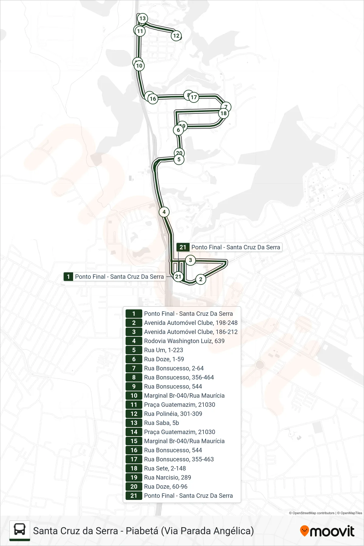 Rota e paradas da linha de ônibus 022 (Jardim Olimpo ↔ Santa Cruz Da Serra) no mapa