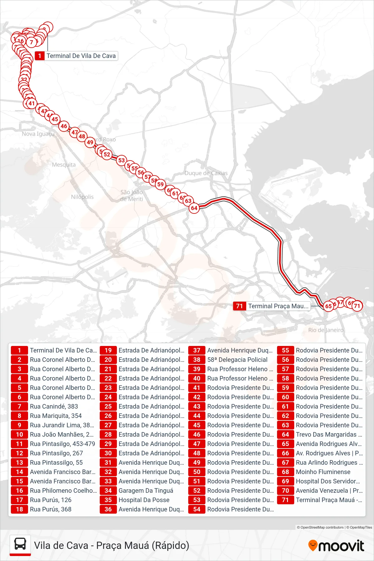 Rota e paradas da linha de ônibus 503B (Praça Mauá) no mapa