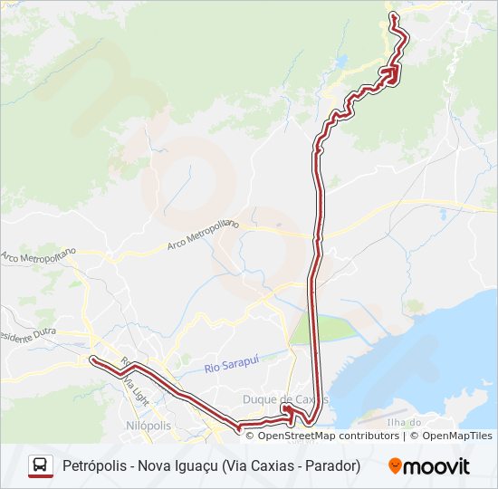 Mapa da linha PETRÓPOLIS - NOVA IGUAÇU (VIA CAXIAS - PARADOR) de ônibus