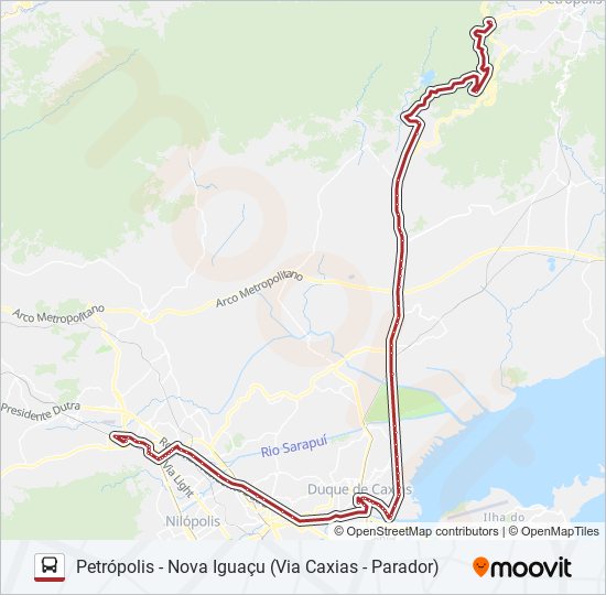 Mapa da linha PETRÓPOLIS - NOVA IGUAÇU (VIA CAXIAS - PARADOR) de ônibus