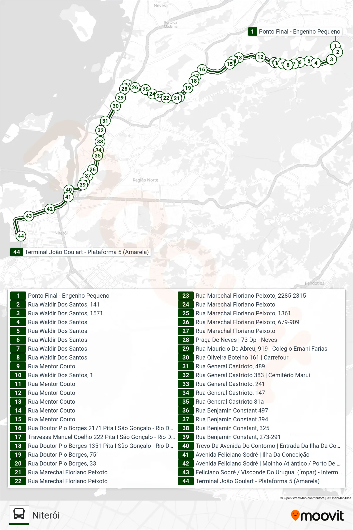 Rota e paradas da linha de ônibus 446 (Niterói) no mapa