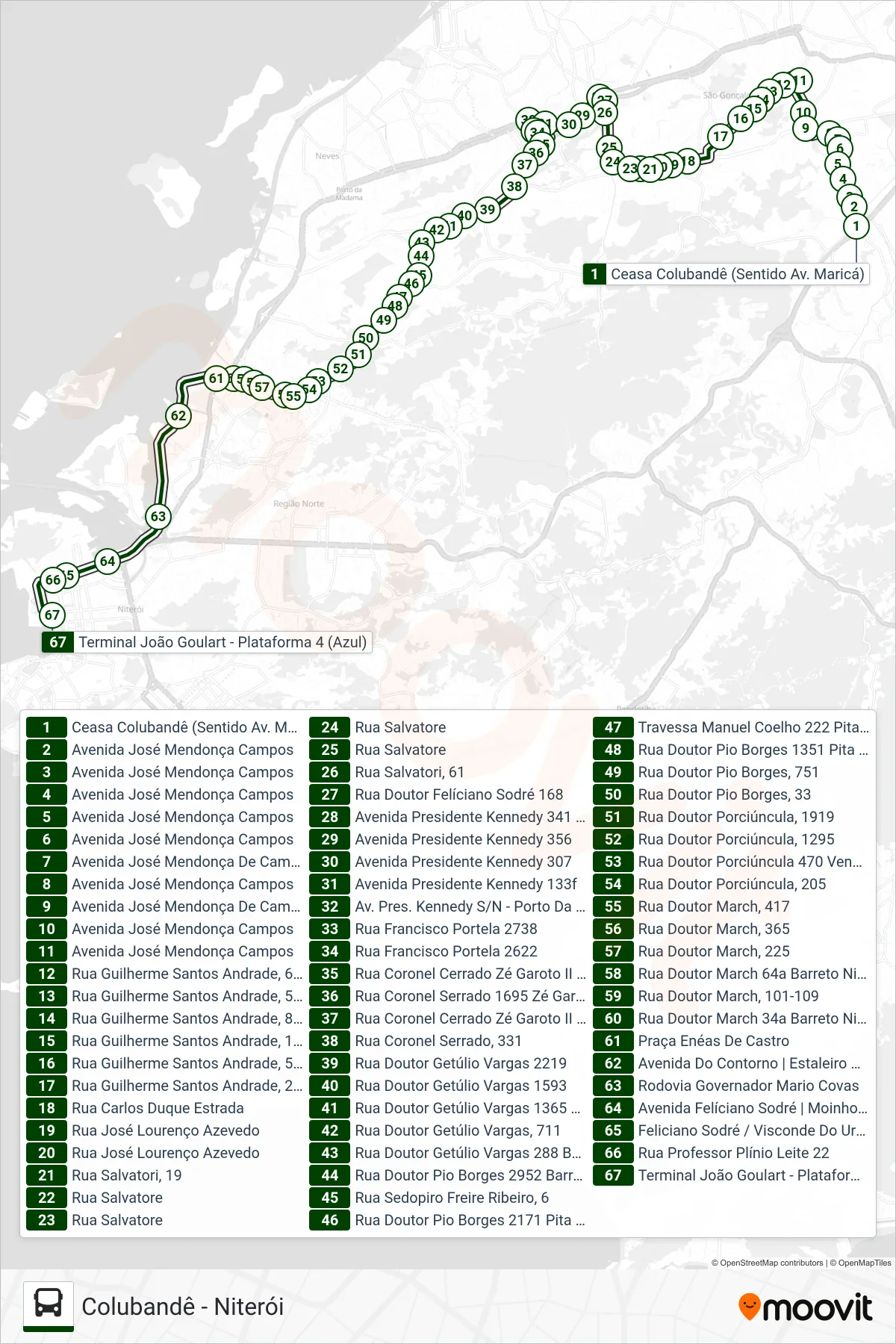 Rota e paradas da linha de ônibus 530 (Niterói) no mapa