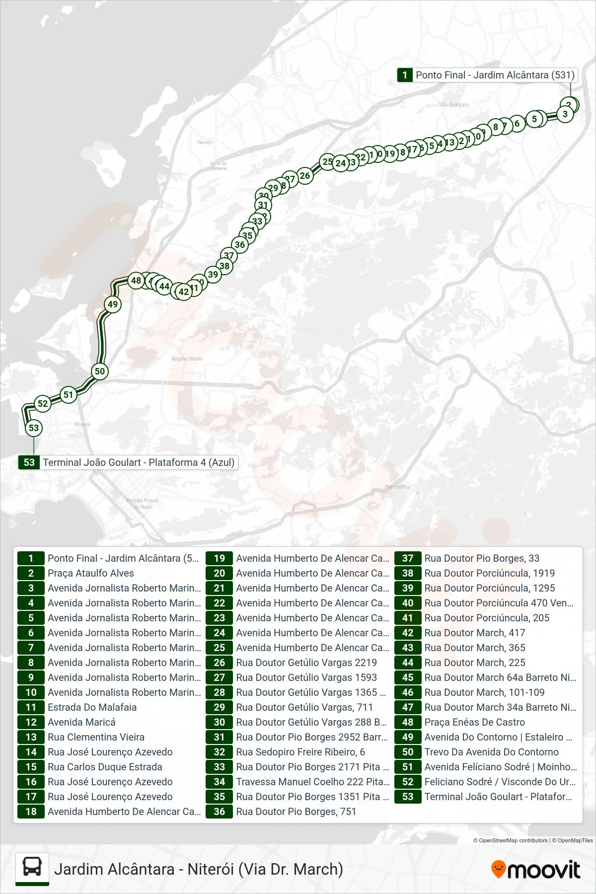 Rota e paradas da linha de ônibus 531 (Niterói) no mapa
