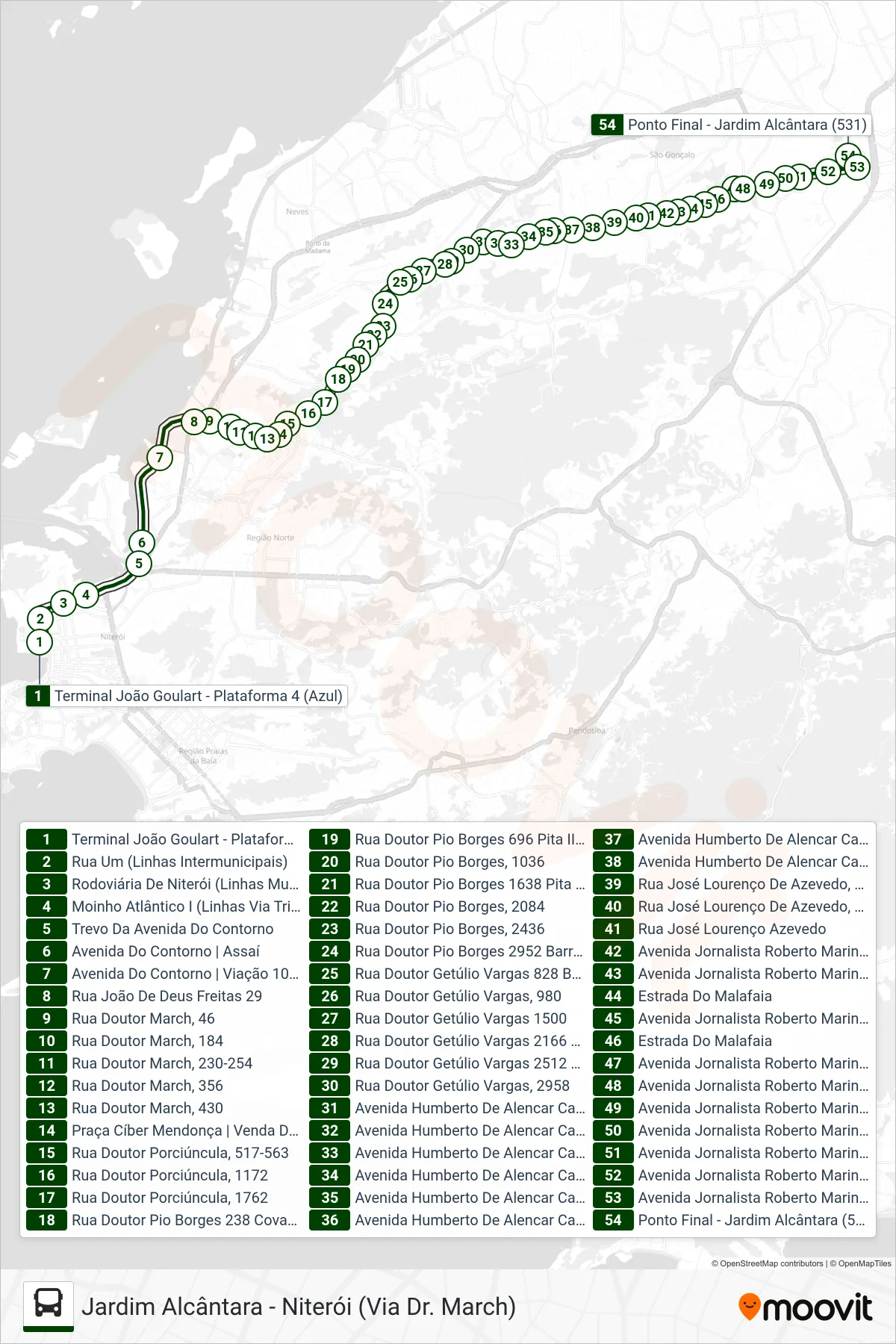 Rota e paradas da linha de ônibus 531 (Jardim Alcântara) no mapa