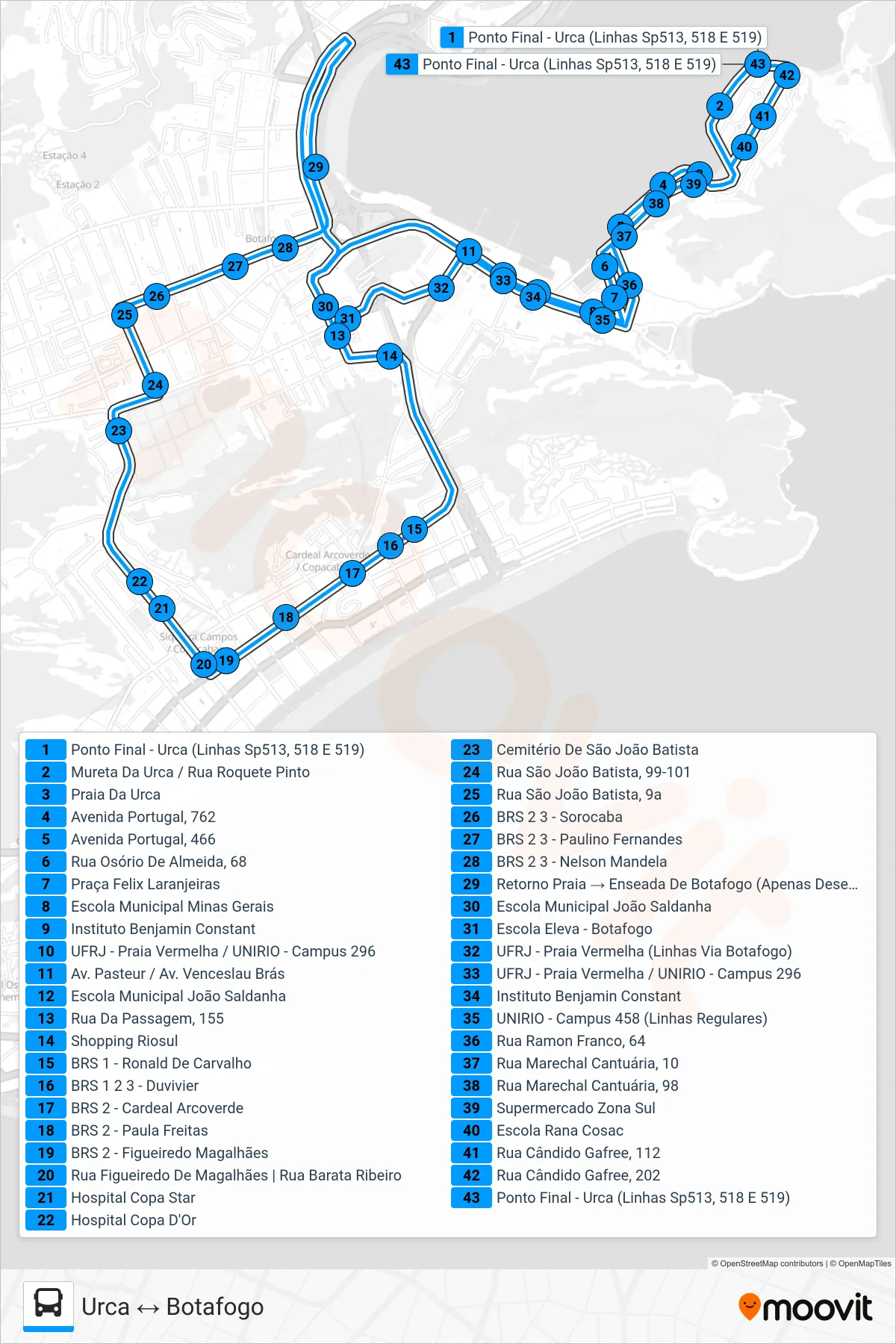 Rota e paradas da linha de ônibus  518  (Urca ↔ Botafogo) no mapa