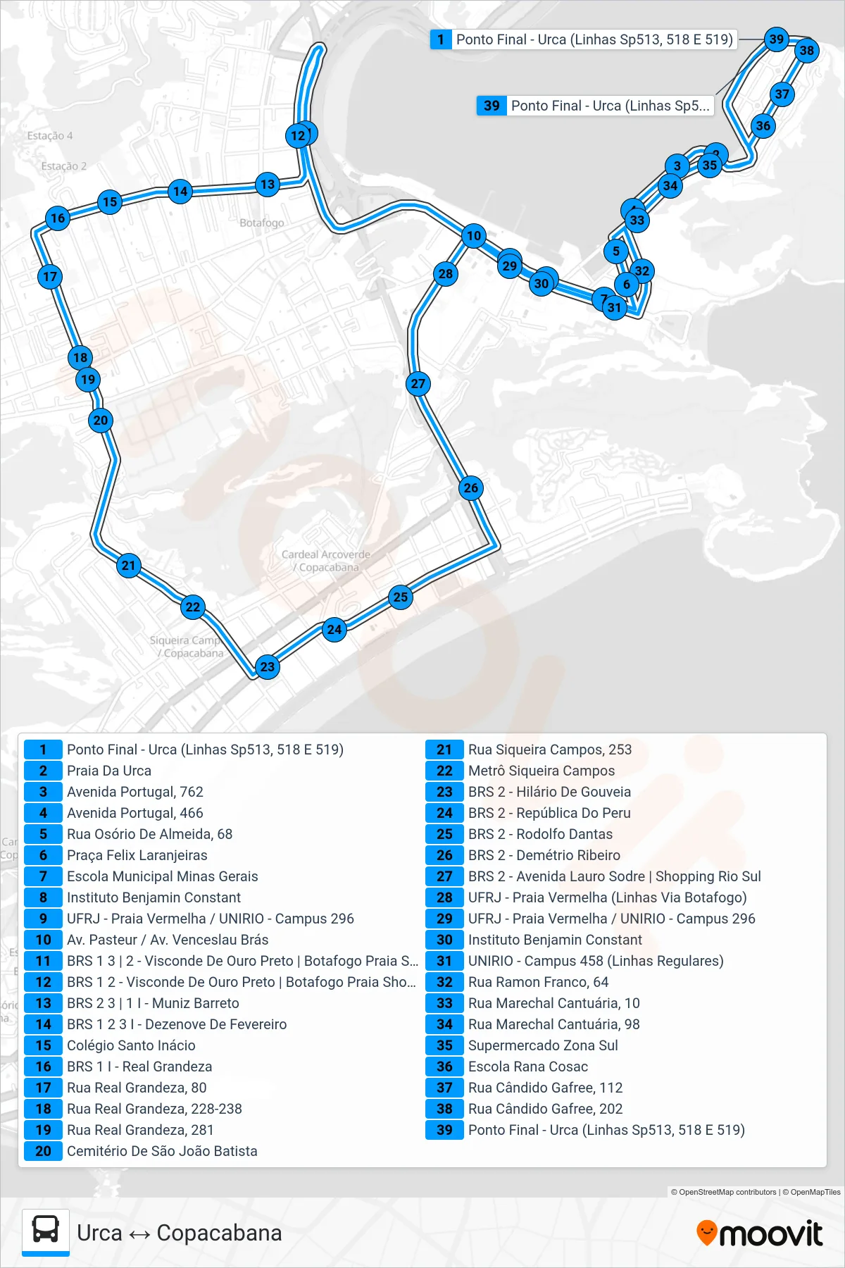 Rota e paradas da linha de ônibus 519 (Urca ↔ Copacabana) no mapa