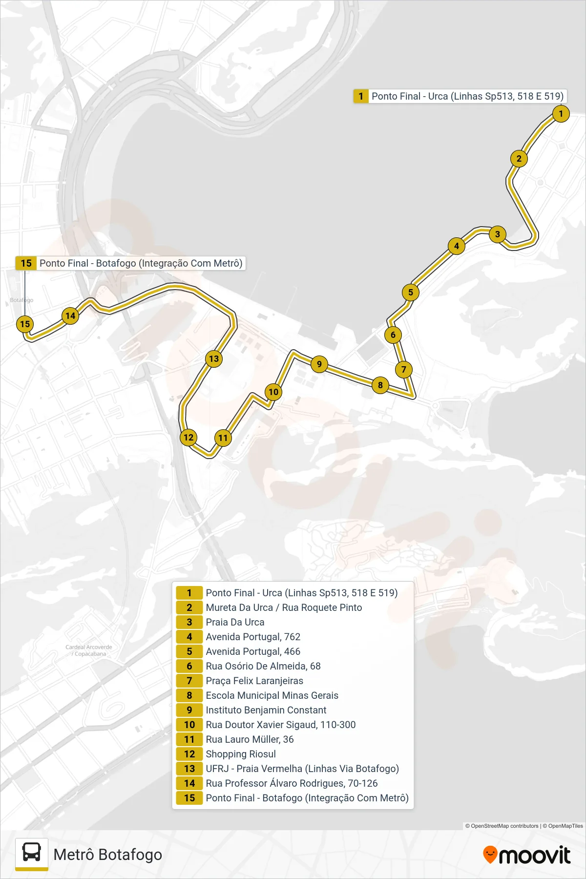 513 bus Line (Metrô Botafogo) route and stops on a map